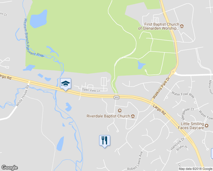 map of restaurants, bars, coffee shops, grocery stores, and more near 12418 Rollys Ridge Avenue in Upper Marlboro