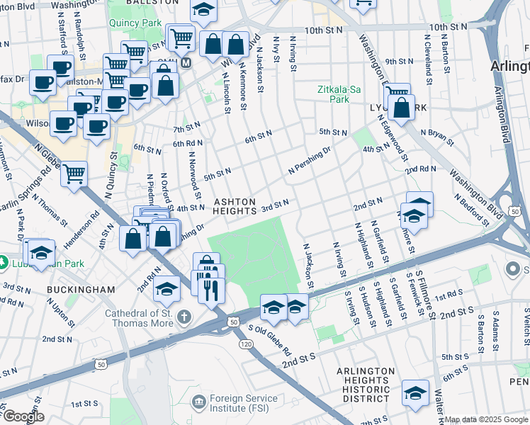 map of restaurants, bars, coffee shops, grocery stores, and more near 3412 3rd Street North in Arlington