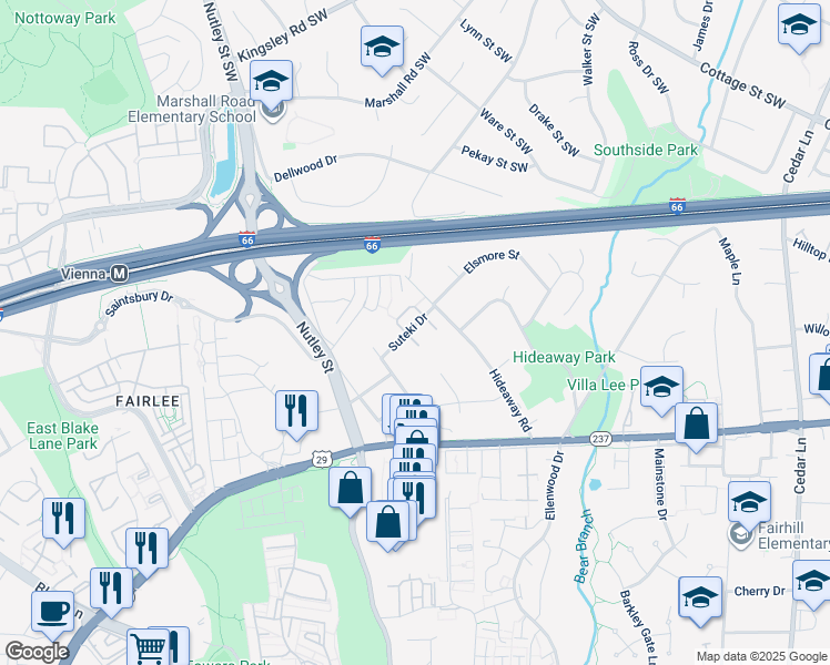 map of restaurants, bars, coffee shops, grocery stores, and more near 2901 Tourmaline Way in Fairfax