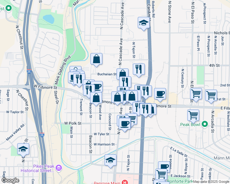 map of restaurants, bars, coffee shops, grocery stores, and more near 3000 North Cascade Avenue in Colorado Springs