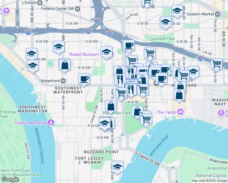 map of restaurants, bars, coffee shops, grocery stores, and more near 1220 Half Street Southwest in Washington