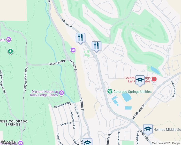map of restaurants, bars, coffee shops, grocery stores, and more near 3061 Treeline View in Colorado Springs
