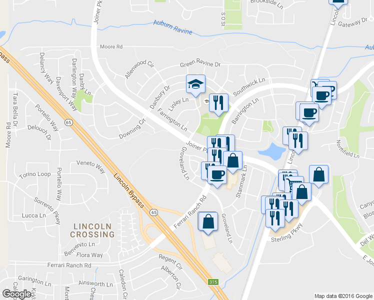 map of restaurants, bars, coffee shops, grocery stores, and more near 750 Groveland Lane in Lincoln