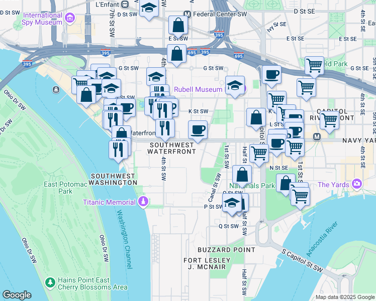 map of restaurants, bars, coffee shops, grocery stores, and more near 101 Independence Avenue Southeast in Washington