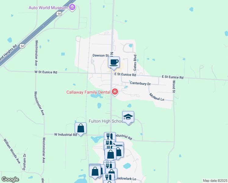 map of restaurants, bars, coffee shops, grocery stores, and more near 2435-2469 North Bluff Street in Fulton