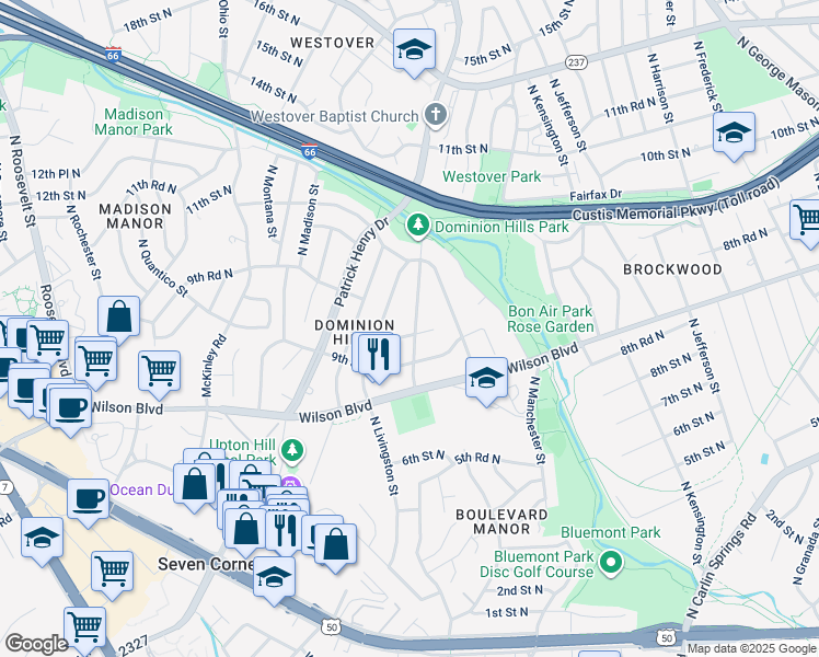 map of restaurants, bars, coffee shops, grocery stores, and more near 924 North Liberty Street in Arlington
