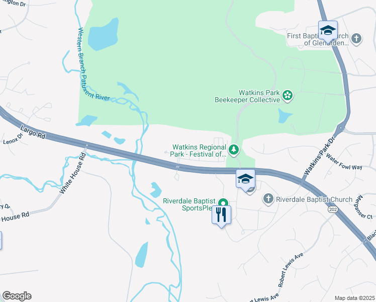 map of restaurants, bars, coffee shops, grocery stores, and more near 1007 Treeland Way in Upper Marlboro