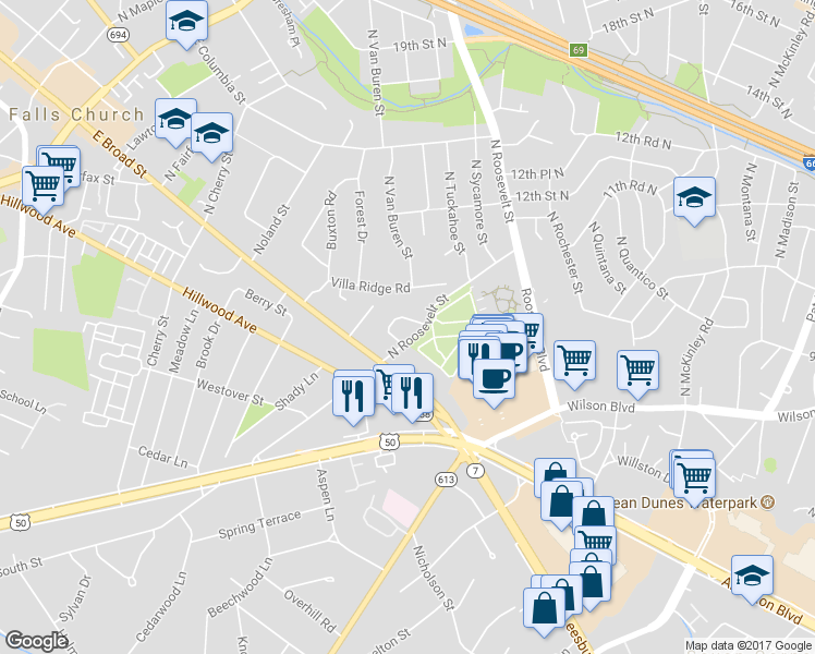 map of restaurants, bars, coffee shops, grocery stores, and more near 806 Ridge Place in Falls Church