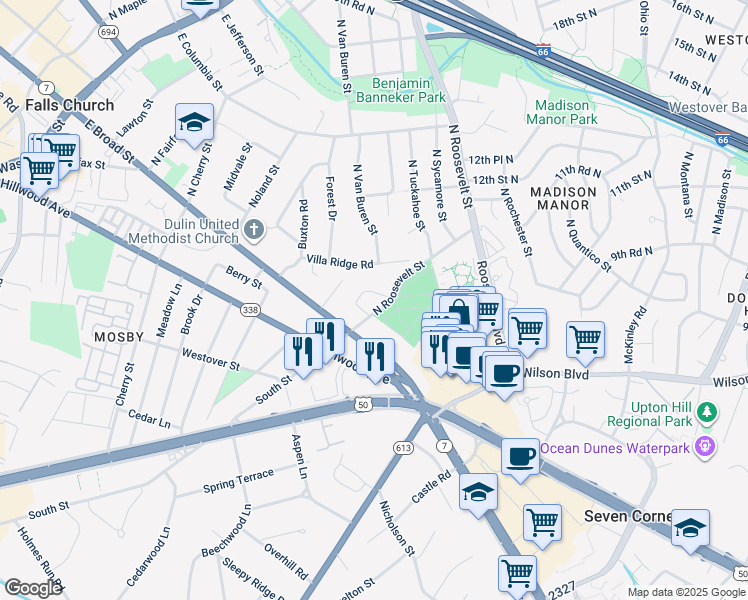 map of restaurants, bars, coffee shops, grocery stores, and more near 806 Ridge Place in Falls Church