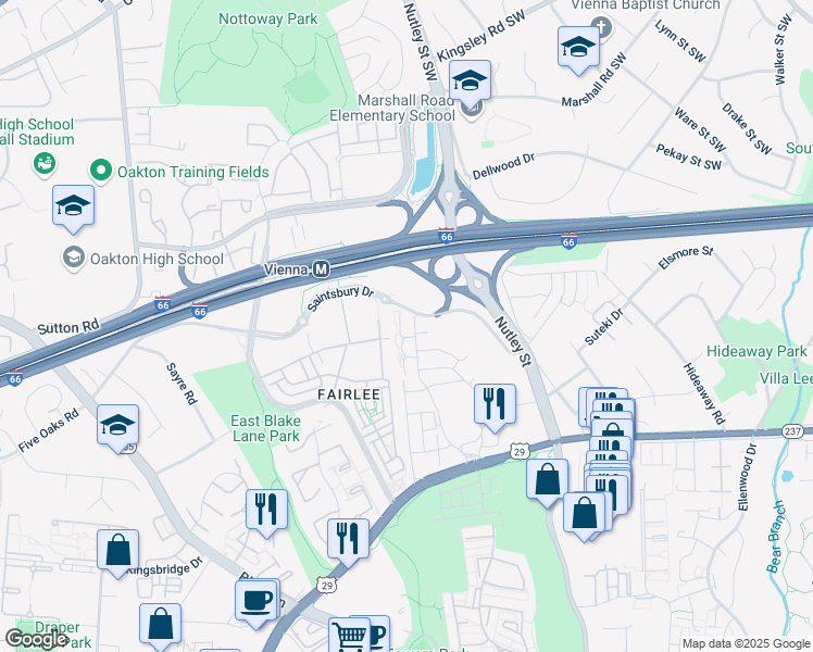 map of restaurants, bars, coffee shops, grocery stores, and more near 2911 Deer Hollow Way in Fairfax
