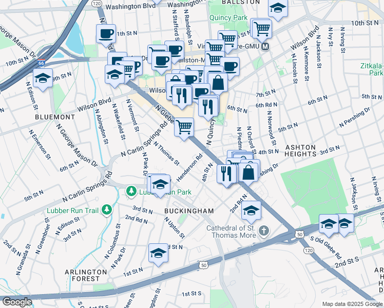 map of restaurants, bars, coffee shops, grocery stores, and more near 4141 North Henderson Road in Arlington