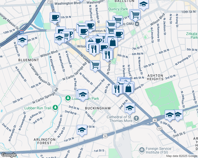 map of restaurants, bars, coffee shops, grocery stores, and more near 4141 North Henderson Road in Arlington