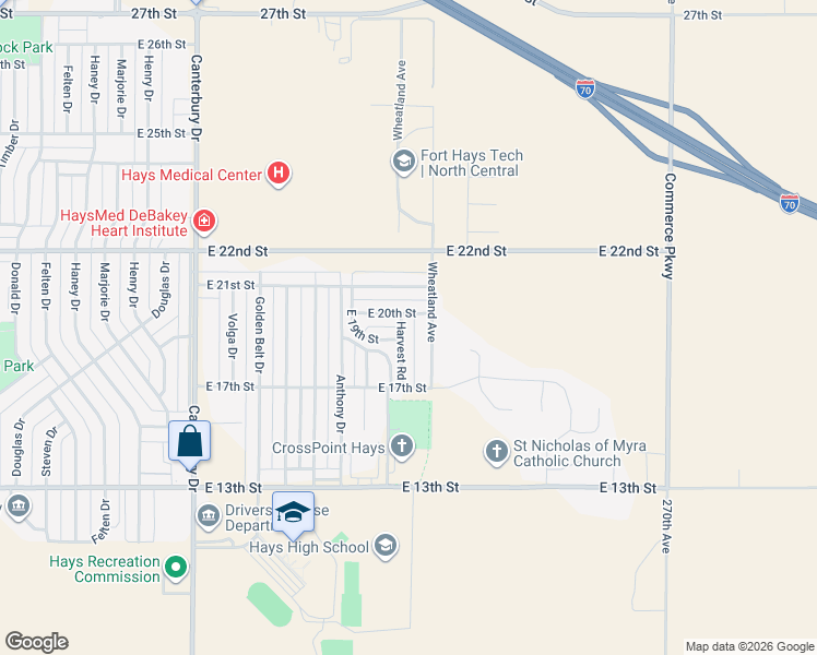 map of restaurants, bars, coffee shops, grocery stores, and more near 2511 East 19th Street in Hays