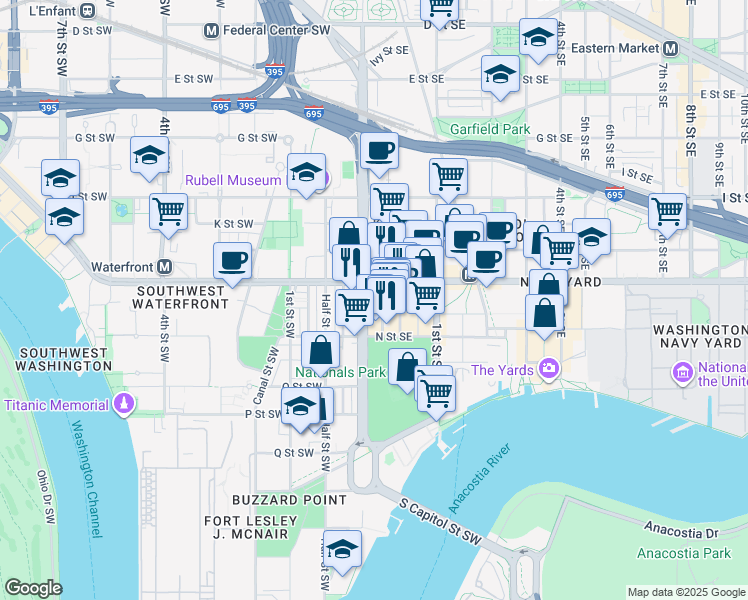 map of restaurants, bars, coffee shops, grocery stores, and more near 101 Independence Avenue Southeast in Washington
