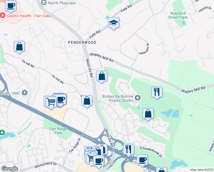 map of restaurants, bars, coffee shops, grocery stores, and more near 12102 Greenway Court in Fairfax