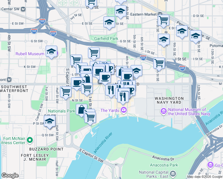 map of restaurants, bars, coffee shops, grocery stores, and more near 1200 New Jersey Avenue Southeast in Washington