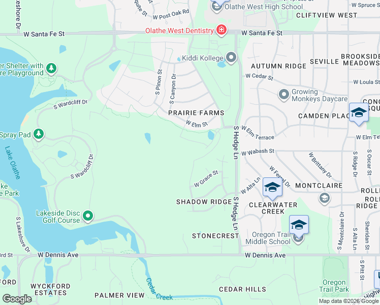 map of restaurants, bars, coffee shops, grocery stores, and more near 515 South Canyon Drive in Olathe