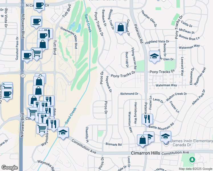 map of restaurants, bars, coffee shops, grocery stores, and more near 970 Piros Drive in Colorado Springs