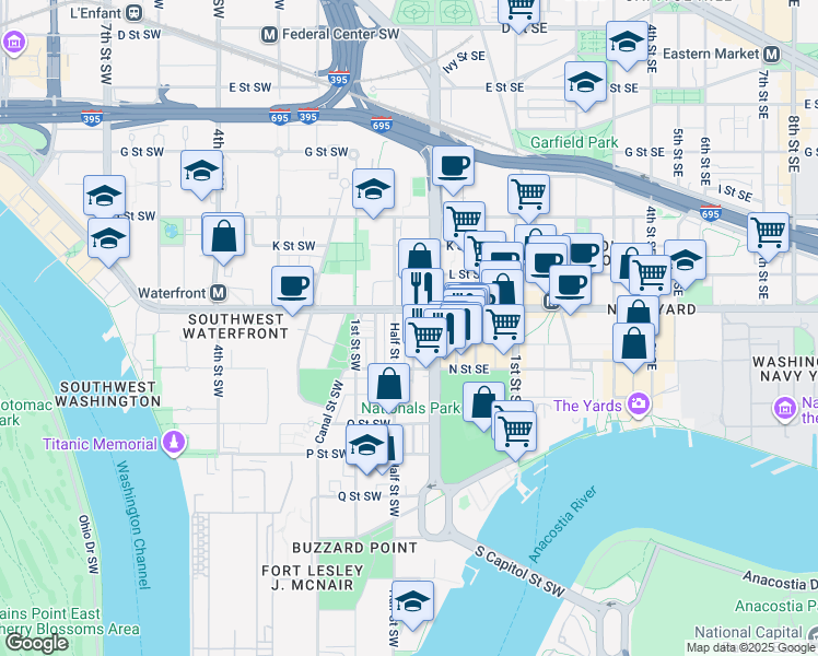 map of restaurants, bars, coffee shops, grocery stores, and more near 1217 Carrollsburg Place Southwest in Washington