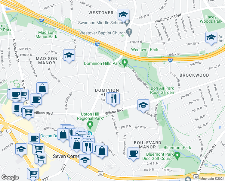 map of restaurants, bars, coffee shops, grocery stores, and more near 930 North Livingston Street in Arlington