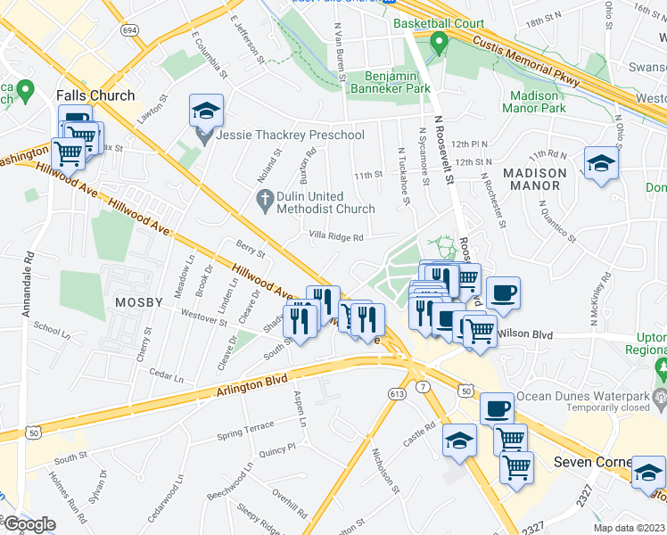 map of restaurants, bars, coffee shops, grocery stores, and more near 104 Church Place in Falls Church