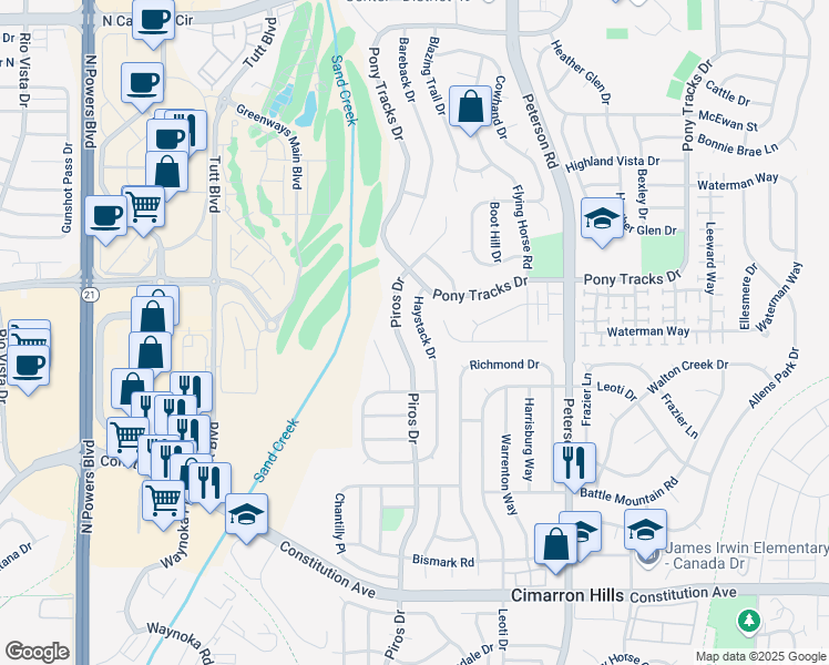 map of restaurants, bars, coffee shops, grocery stores, and more near 970 Piros Drive in Colorado Springs