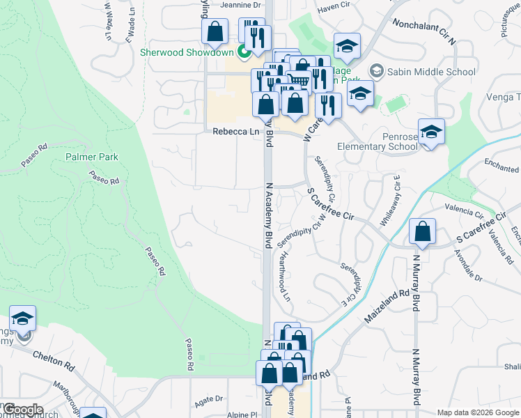 map of restaurants, bars, coffee shops, grocery stores, and more near 2957-3039 Academy Boulevard North in Colorado Springs