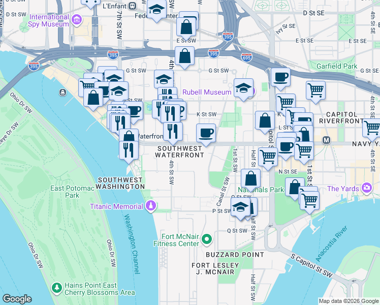 map of restaurants, bars, coffee shops, grocery stores, and more near in Washington