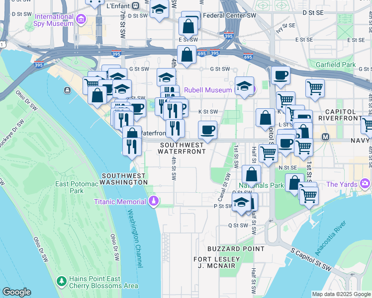 map of restaurants, bars, coffee shops, grocery stores, and more near 101 Independence Avenue Southeast in Washington