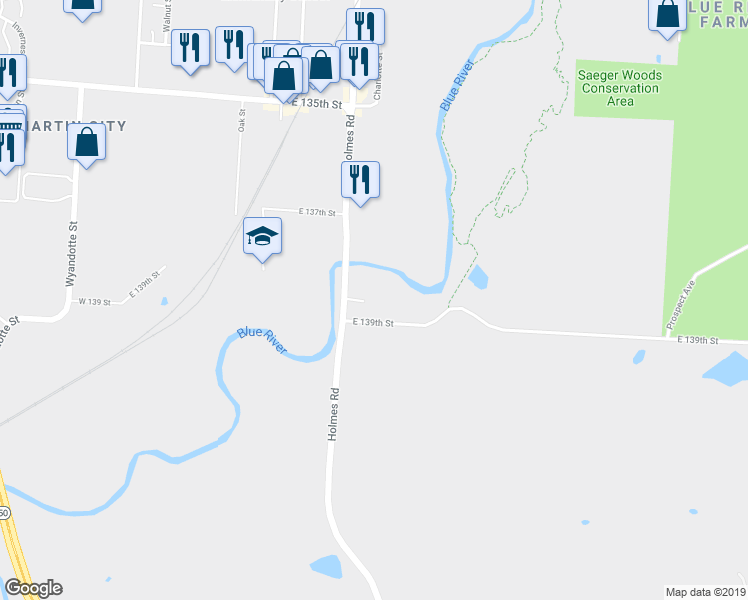 map of restaurants, bars, coffee shops, grocery stores, and more near 710 East 139th Street in Kansas City