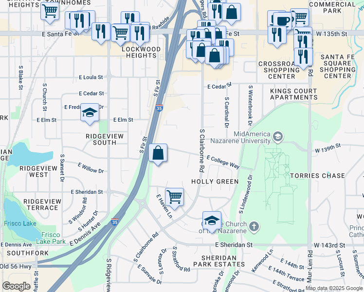 map of restaurants, bars, coffee shops, grocery stores, and more near 1429 East College Way in Olathe
