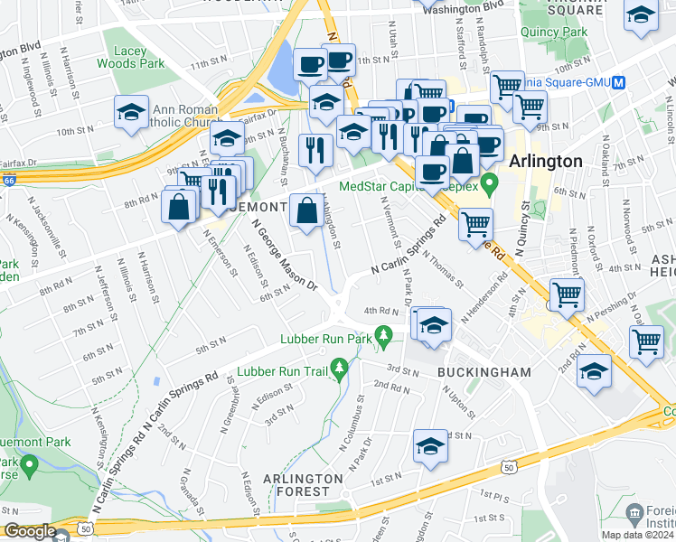 map of restaurants, bars, coffee shops, grocery stores, and more near 530 North Abingdon Street in Arlington