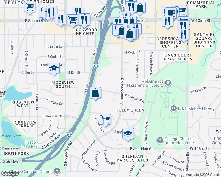map of restaurants, bars, coffee shops, grocery stores, and more near 1440 East College Way in Olathe
