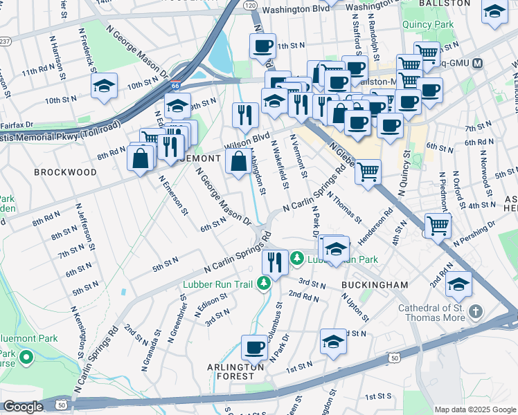 map of restaurants, bars, coffee shops, grocery stores, and more near 530 North Abingdon Street in Arlington