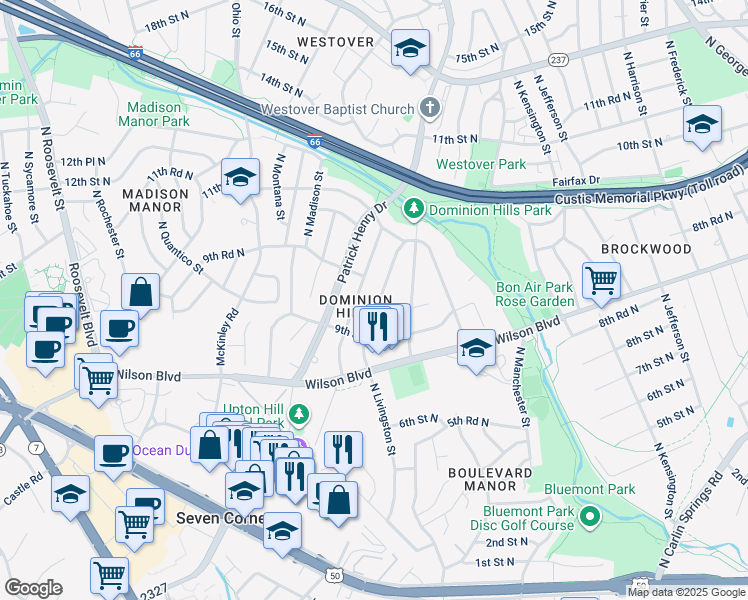 map of restaurants, bars, coffee shops, grocery stores, and more near 930 North Livingston Street in Arlington