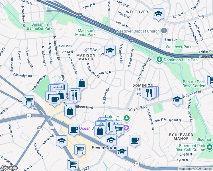 map of restaurants, bars, coffee shops, grocery stores, and more near 932 North Quantico Street in Arlington