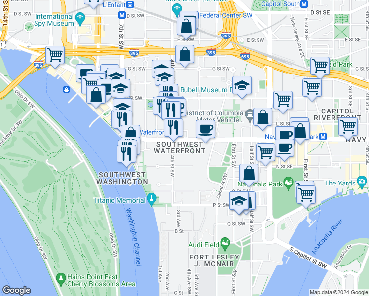 map of restaurants, bars, coffee shops, grocery stores, and more near 300 M Street Southeast in Washington