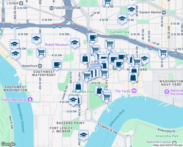 map of restaurants, bars, coffee shops, grocery stores, and more near 1211 Van Street Southeast in Washington