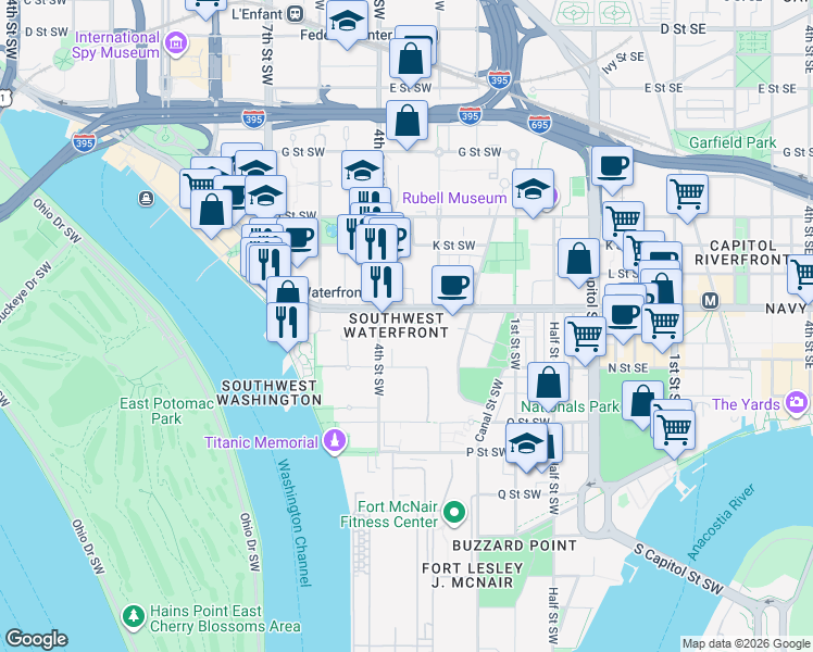 map of restaurants, bars, coffee shops, grocery stores, and more near 101 Independence Avenue Southeast in Washington