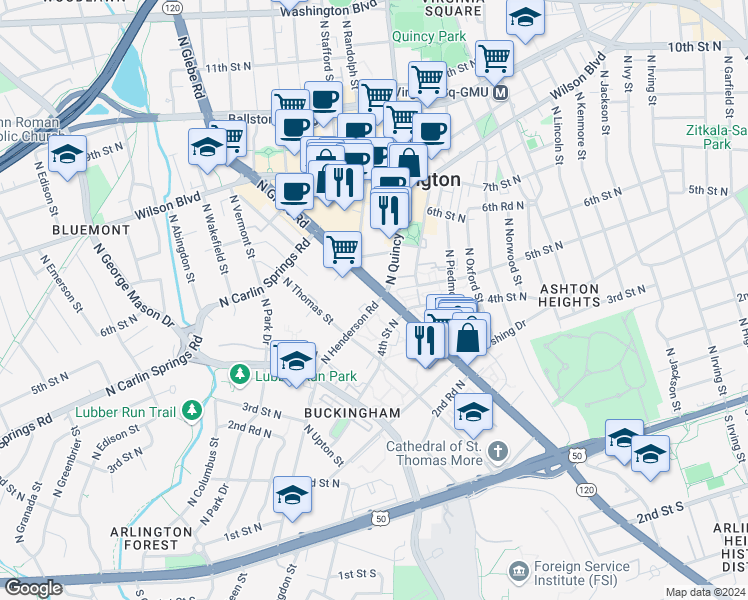 map of restaurants, bars, coffee shops, grocery stores, and more near 4141 Henderson Road in Arlington