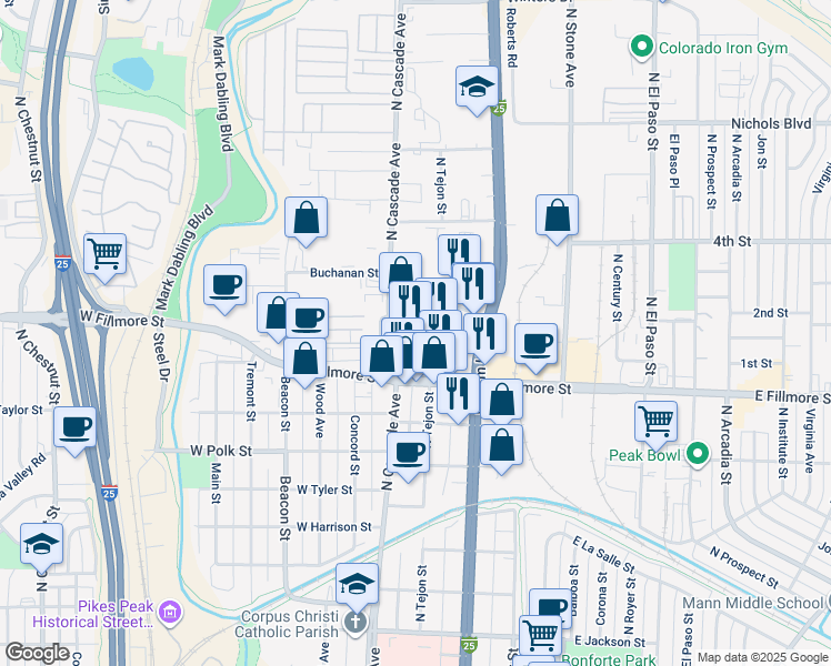 map of restaurants, bars, coffee shops, grocery stores, and more near 3020 North Nevada Avenue in Colorado Springs