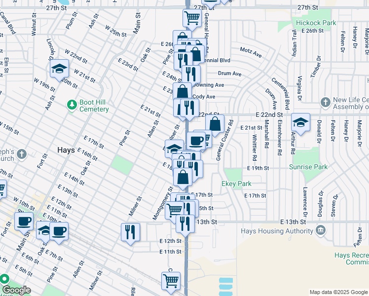 map of restaurants, bars, coffee shops, grocery stores, and more near 1901 Vine Street in Hays