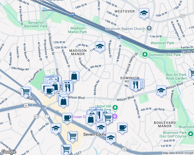 map of restaurants, bars, coffee shops, grocery stores, and more near 932 North Quantico Street in Arlington
