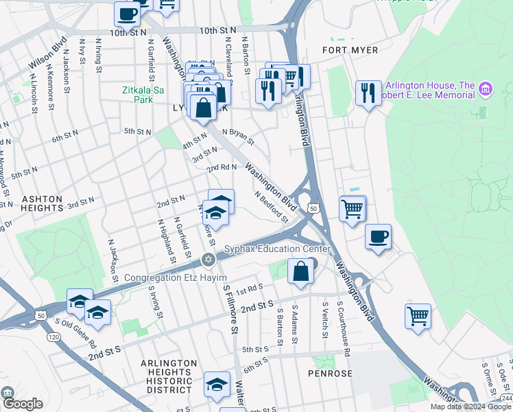 map of restaurants, bars, coffee shops, grocery stores, and more near 108A North Bedford Street in Arlington