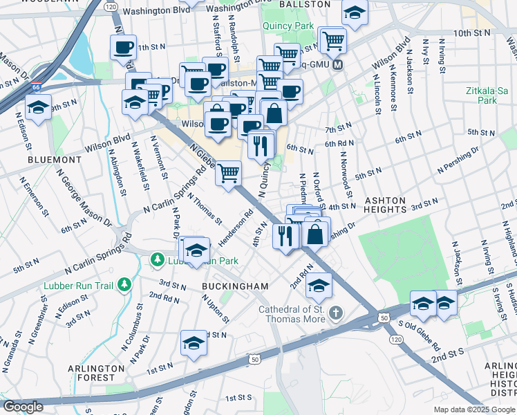map of restaurants, bars, coffee shops, grocery stores, and more near 4104 North Henderson Road in Arlington
