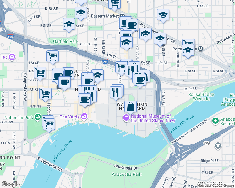 map of restaurants, bars, coffee shops, grocery stores, and more near 617 Warrington Avenue Southeast in Washington