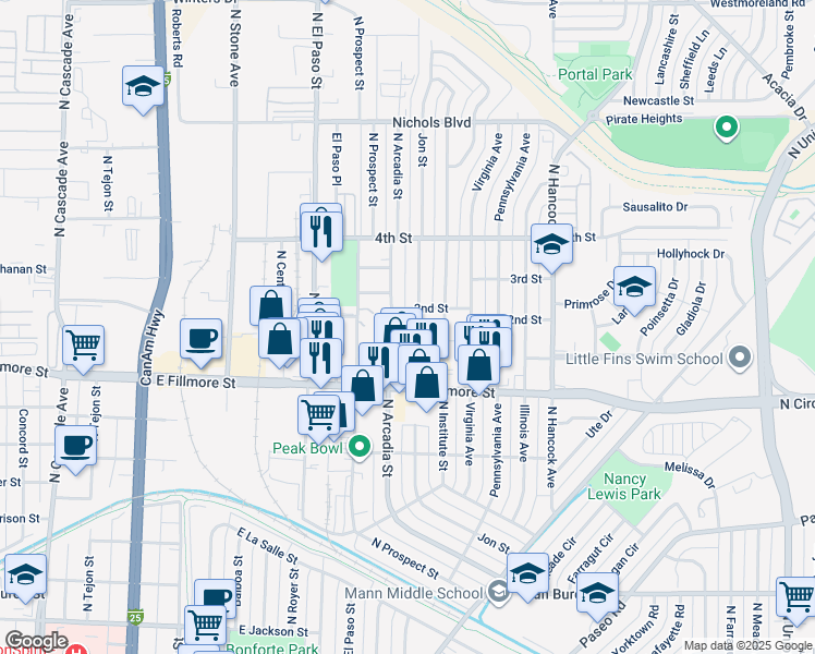 map of restaurants, bars, coffee shops, grocery stores, and more near 906 Carlisle Street in Colorado Springs