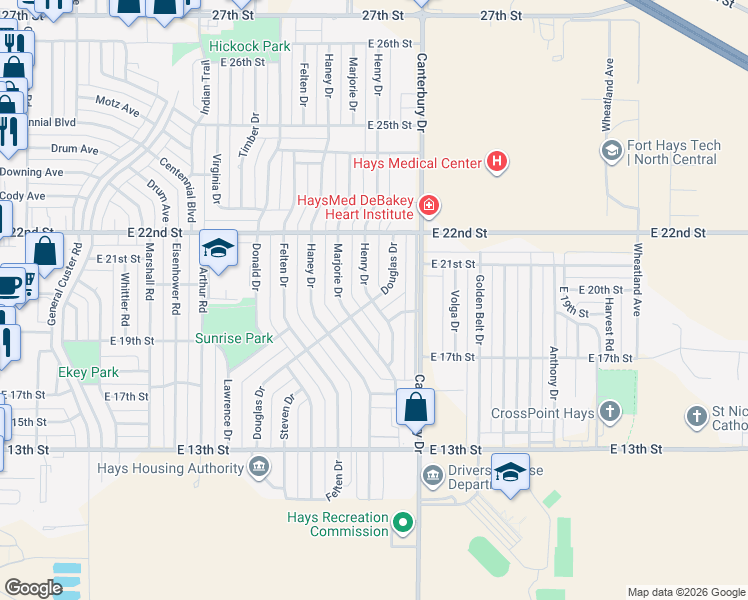 map of restaurants, bars, coffee shops, grocery stores, and more near 1700 Douglas Drive in Hays