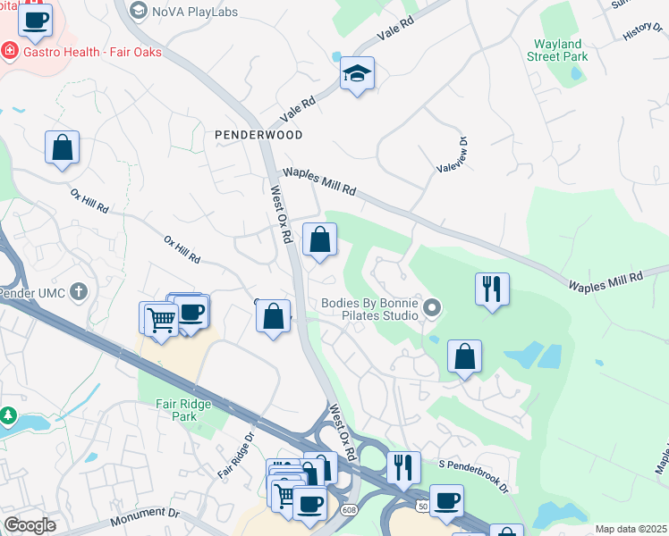 map of restaurants, bars, coffee shops, grocery stores, and more near 12104 Greenway Court in Fairfax