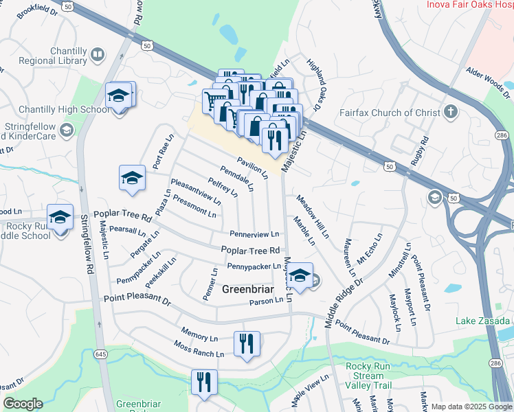 map of restaurants, bars, coffee shops, grocery stores, and more near 13110 Penndale Lane in Fairfax